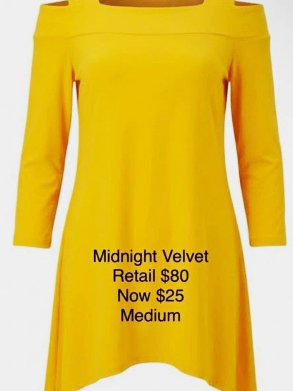 Midnight Velvet Women’s Yellow Solid Cold Shoulder 3/4 Sleeve Square Neck Top M